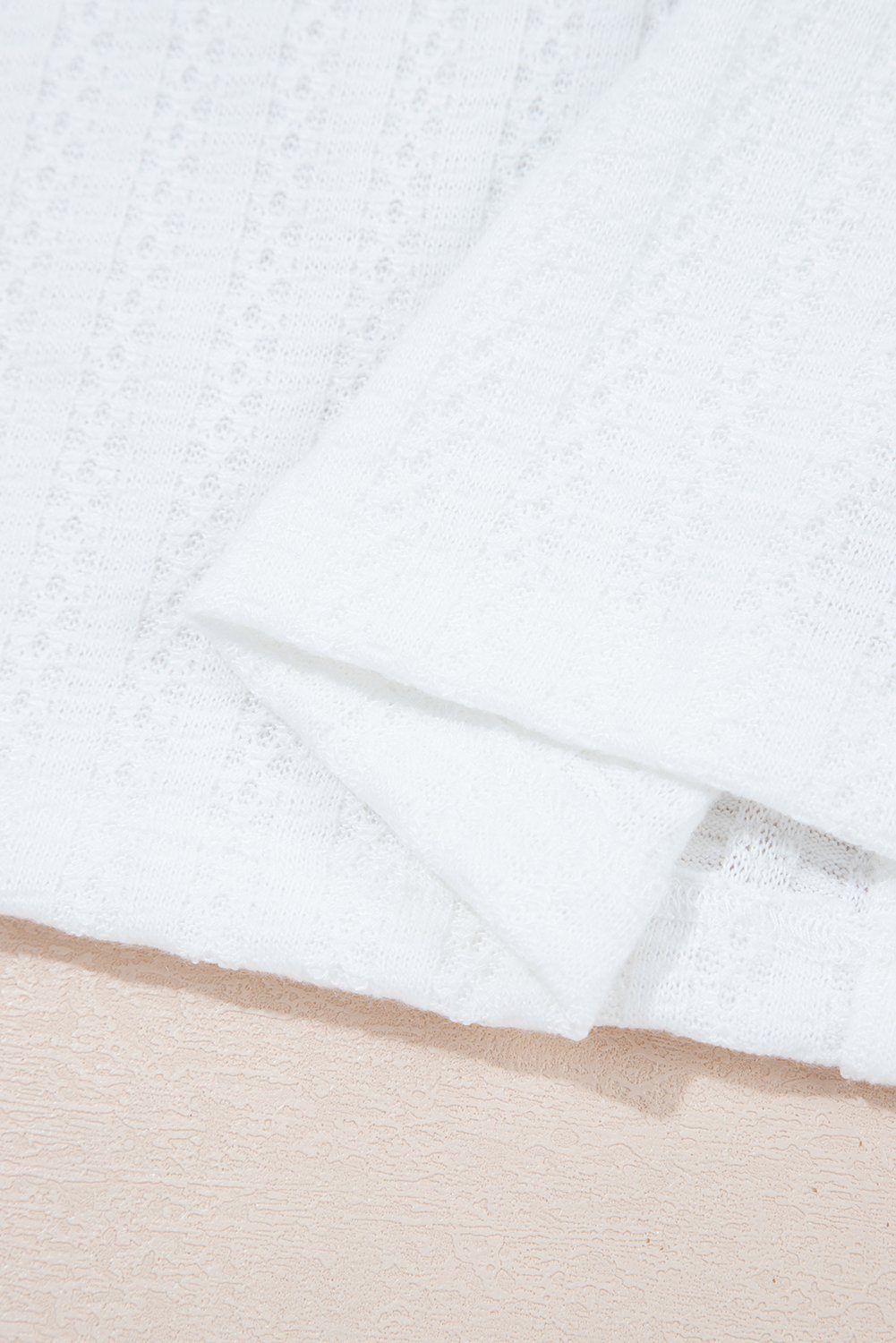 White Textured Hollow Grommet Placket Split Neck Short Sleeve Top