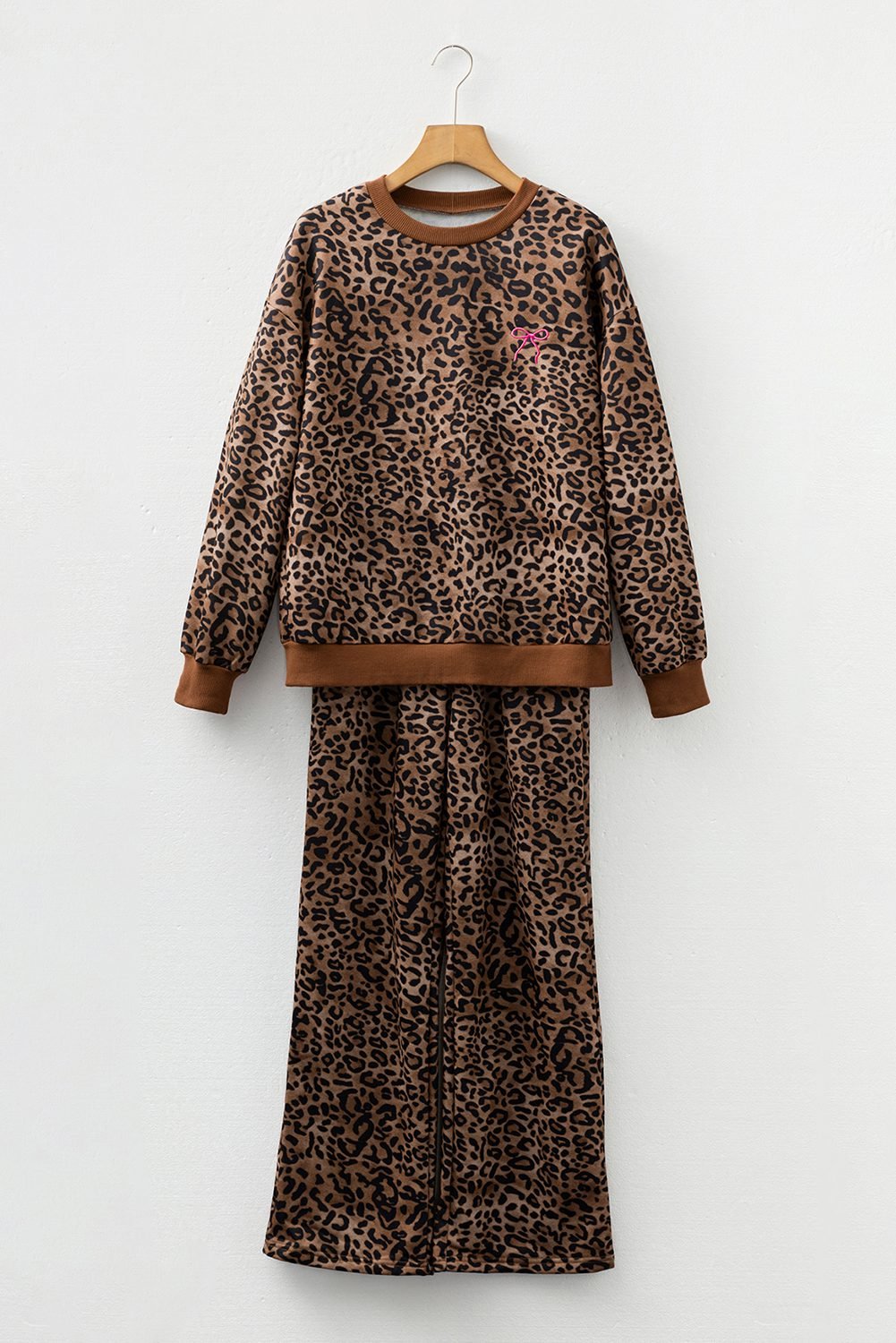 Coffee Leopard Print Contrast Trim Long Sleeve Top And Pants Set