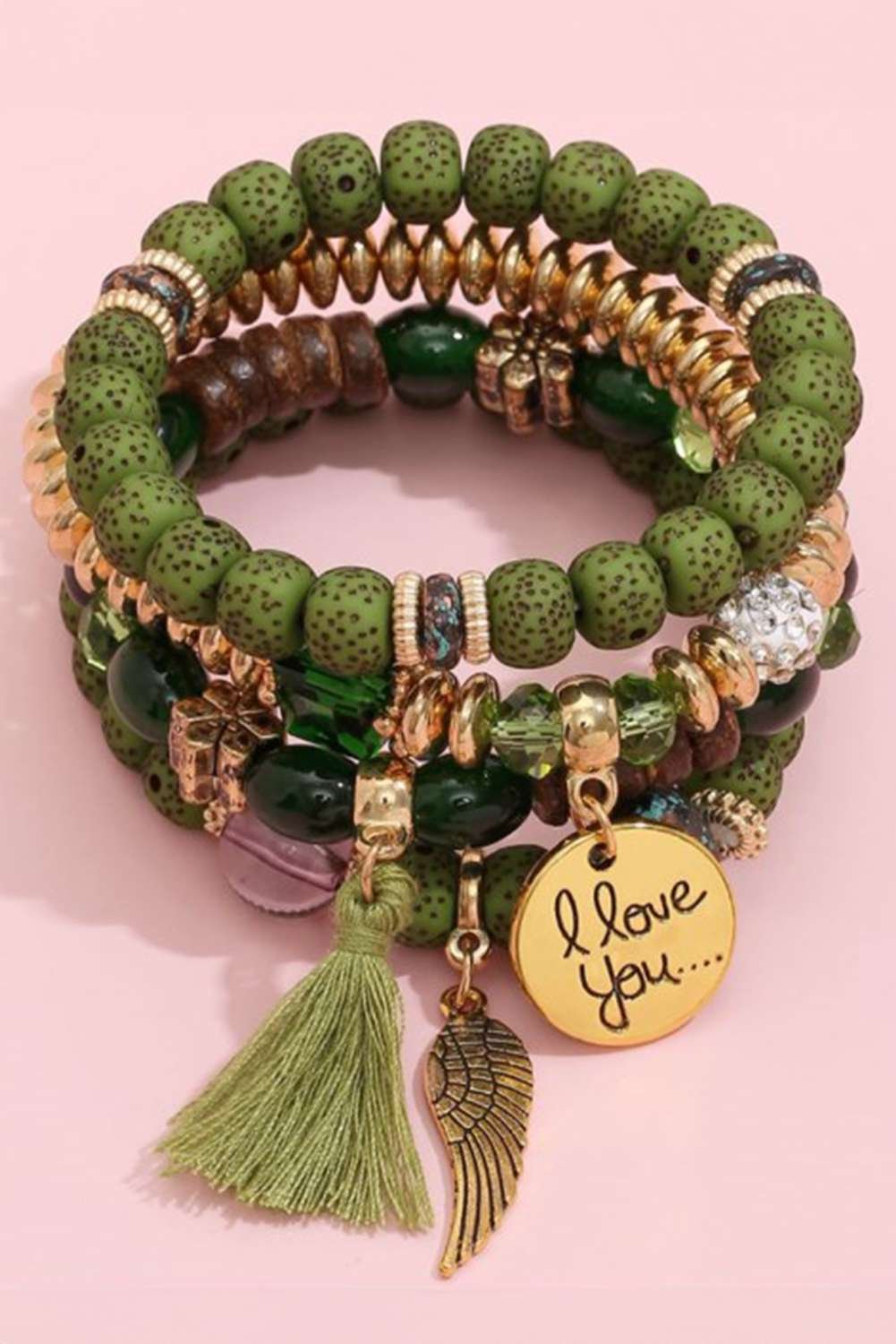 Red Dahlia 4Pcs Boho Disc Tassel Wing Pendant Beaded Bracelet Set