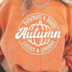 Orange Autumn Pumpkin Graphic Print Corded Oversized Sweatshirt