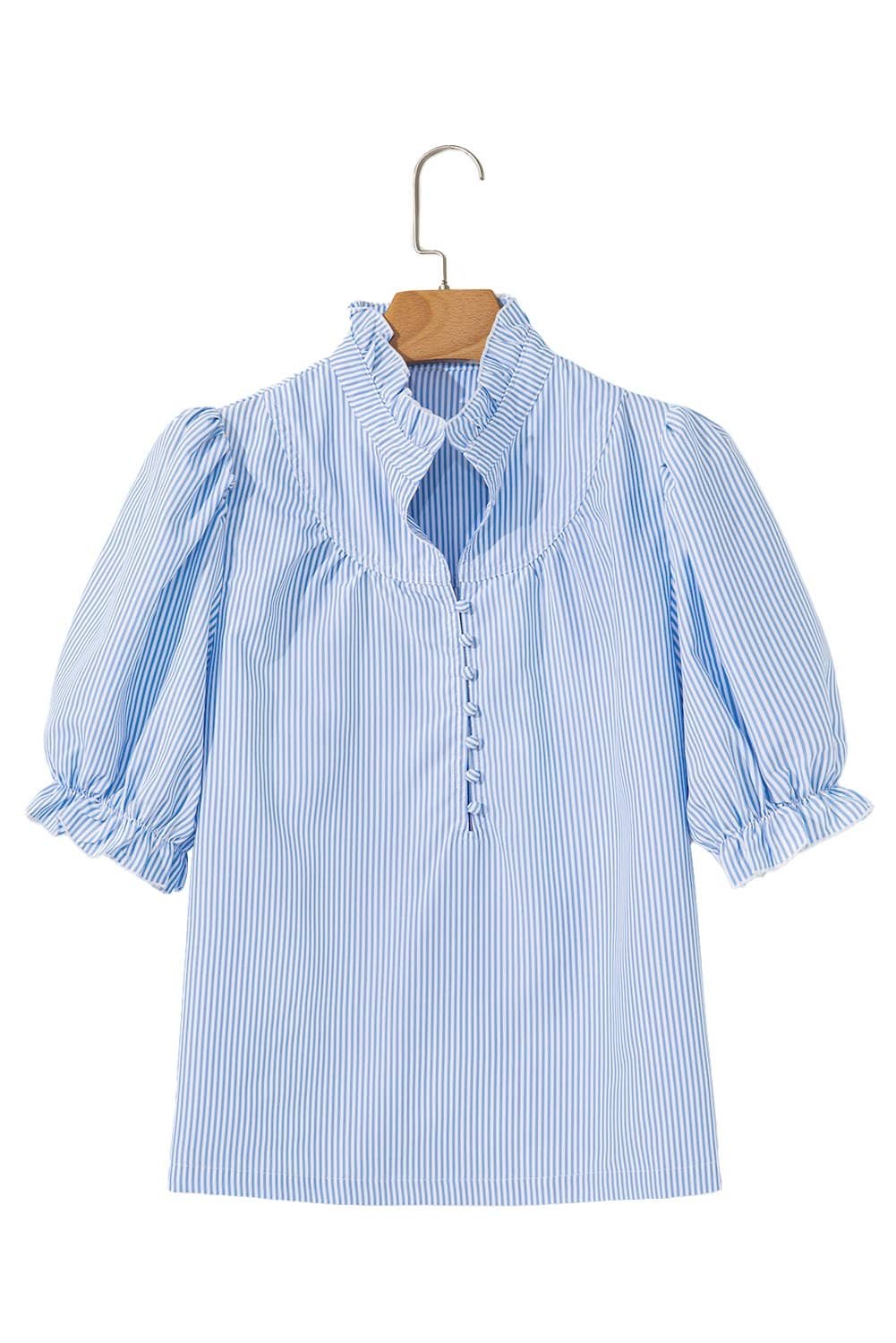 Sky Blue Stripe Ruffled Collar Puff Sleeve Half Buttons Blouse