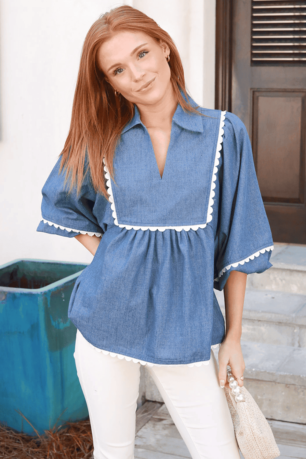 Dusk Blue Lace Ric Rac 3/4 Puff Sleeve Collared Babydoll Blouse