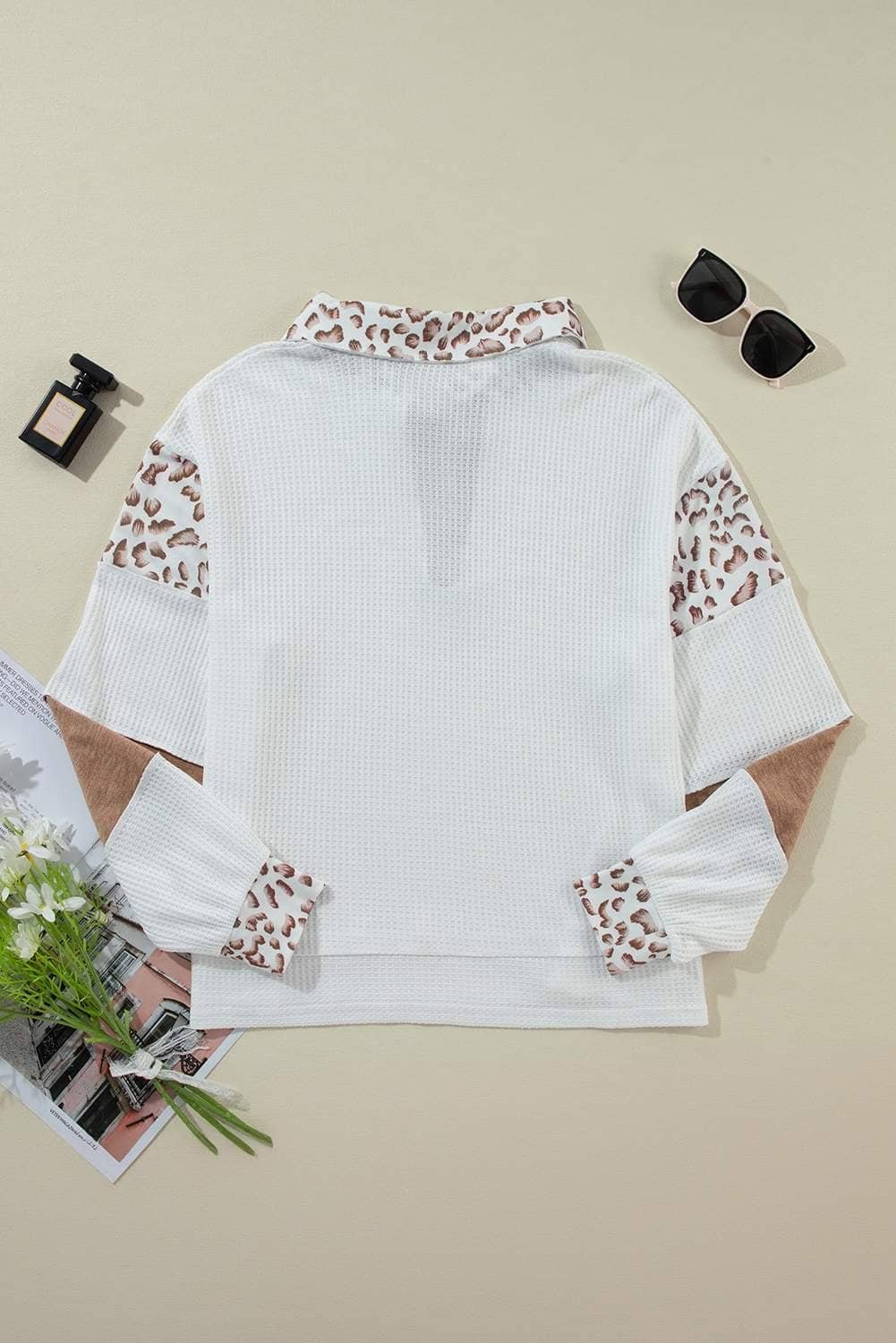 White Leopard Patchwork Turn-Down Collar Waffle Top