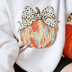 Beige Polka Dot Bow Knot Pumpkin Print Thanksgiving Sweatshirt