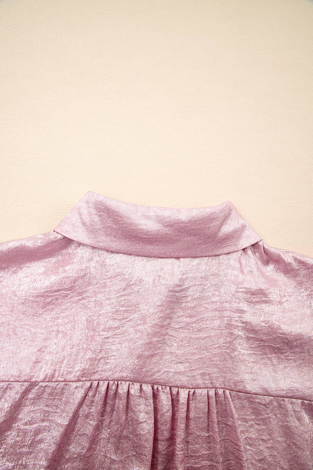 Pink Metallic Sheen Short Sleeve Buttoned Front Casual Shirt