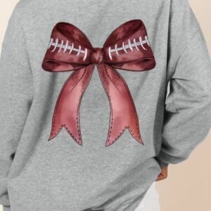 Gray Football Bow Print Drop Shoulder Pullover Sweatshirt