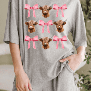 Gray Western Cow Head Bow Print Loose Fit Two Piece Shorts Set