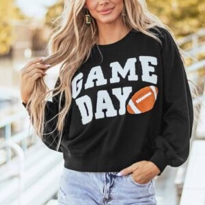 Black Game Day Graphic Varsity Pullover Sweatshirt
