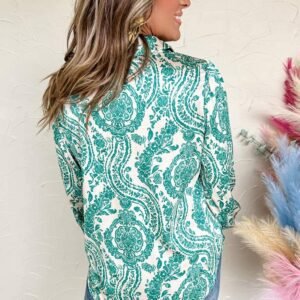 Green Paisley Print Smocked Cuff Buttoned Loose Shirt
