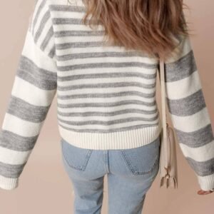 Gray Stripe Drop Shoulder Crew Neck Sweater