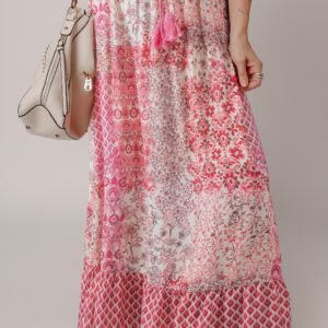 Red Boho Pattern Print Tassel Drawstring High Waist Maxi Dress