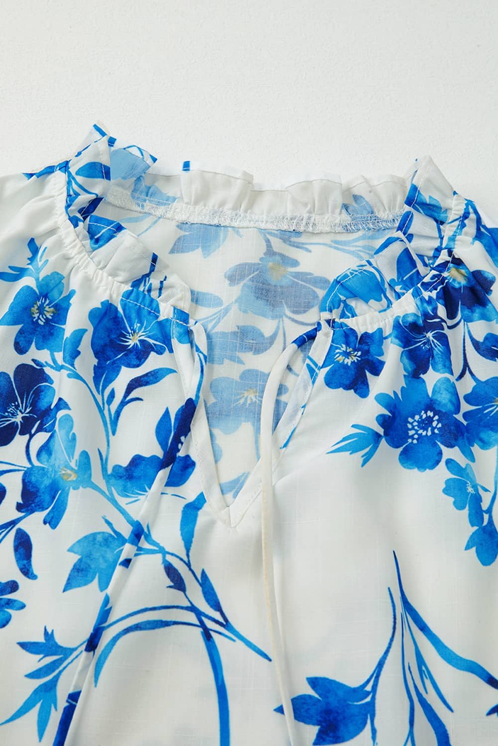 Blue Floral Long Sleeve Lace-Up V Neck Blouse