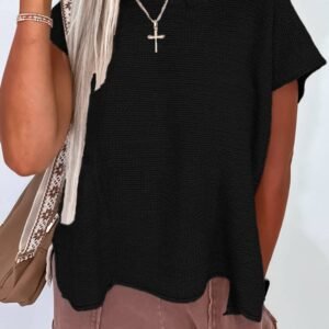 Black Solid Color Sweater Tee With Side Slits