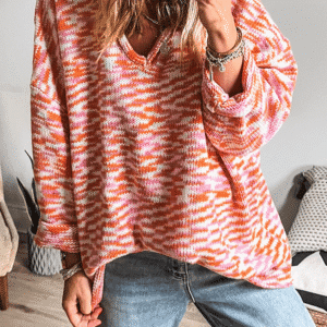 Orange Vibrant Abstract Print Drop Shoulder V Neck Tunic Oversized Sweater