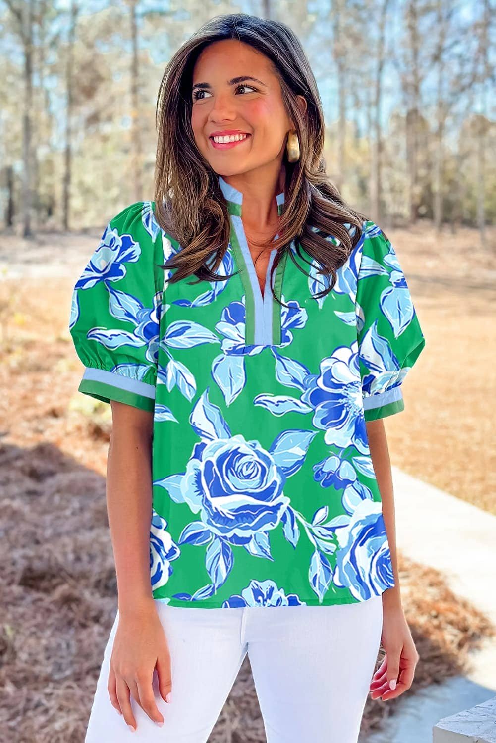 Bright Green Rose Floral Print Puff Short Sleeve Summer Blouse