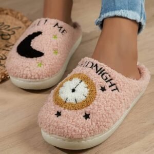 Light Pink Moon & Clock Pattern Fuzzy Home Slippers