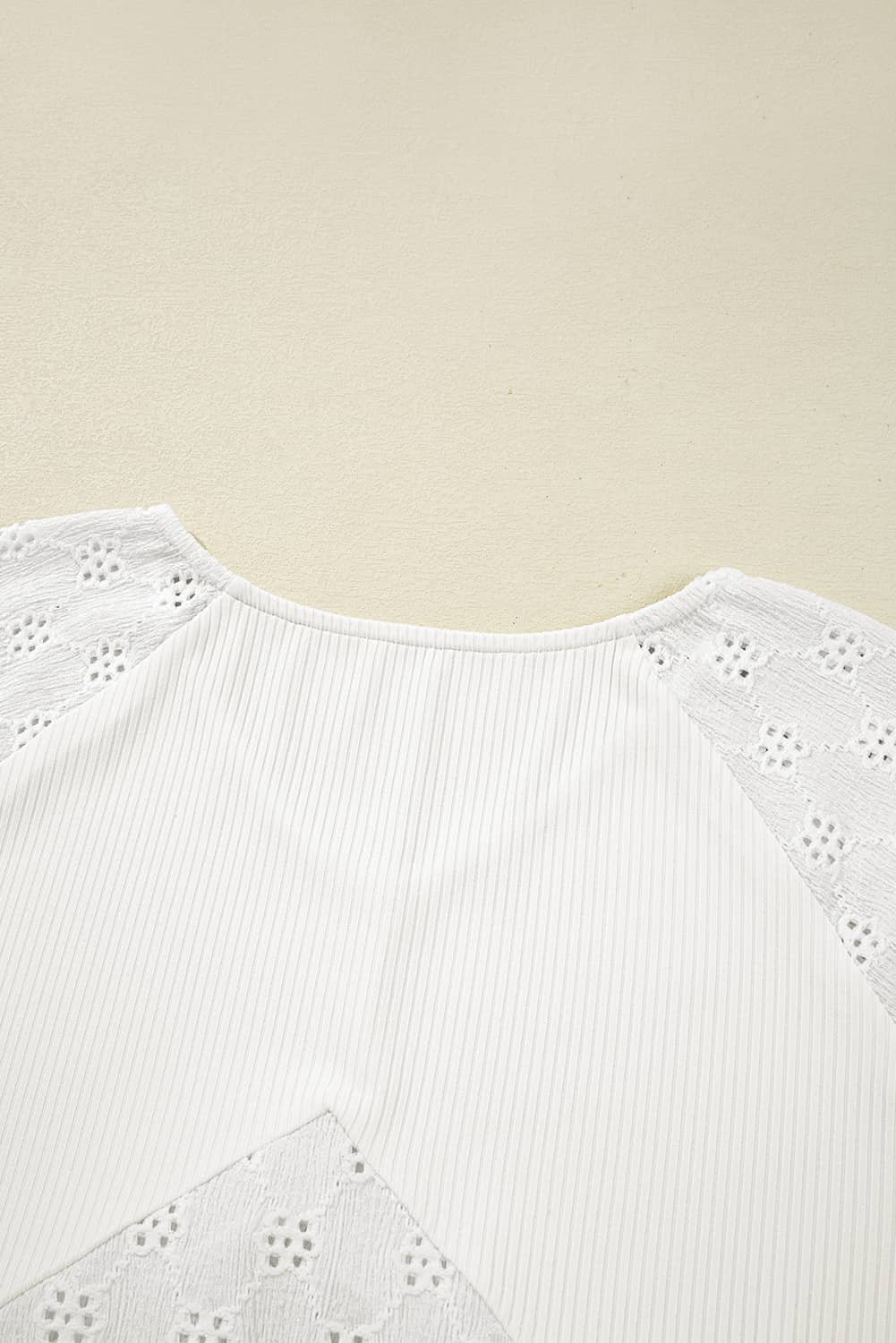 White Twisted Rib Patchwork Embroidered Loose V Neck Long Sleeve Top