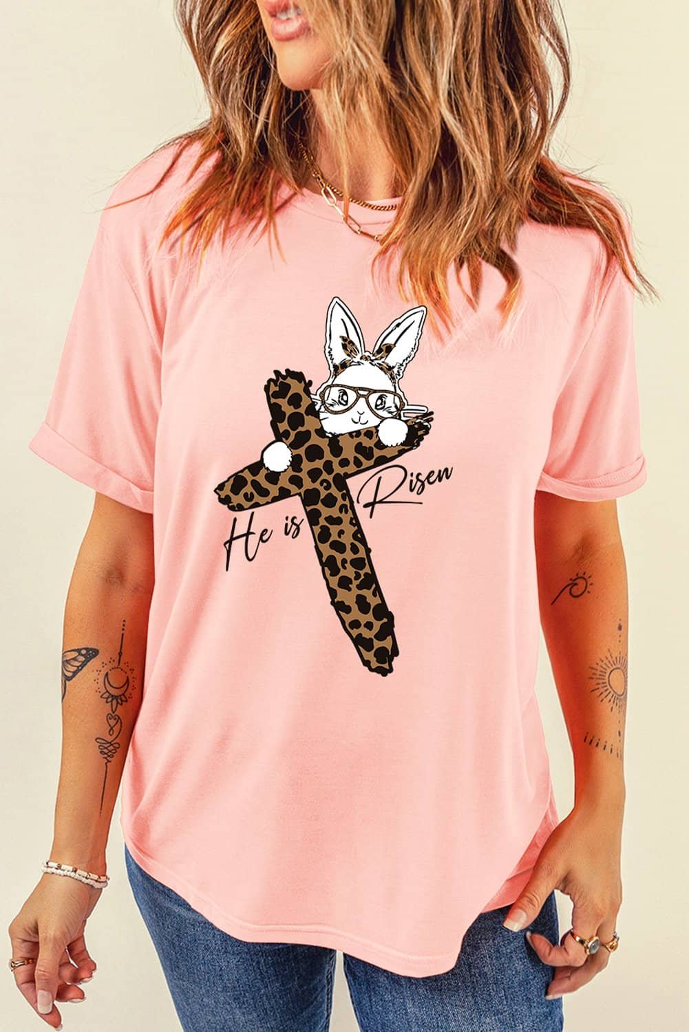 Pink He Is Risen Easter Bunny Leopard Cross Graphic Tee