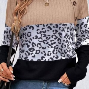 Black Cheetah Textured Patchwork Buttoned Round Neck T Shirt
