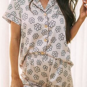 Beige Floret Printed Pajama Shorts Set