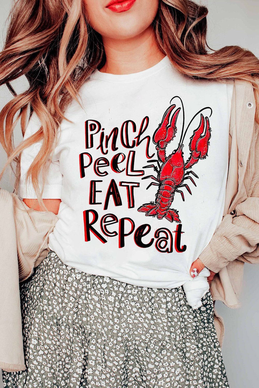 White Pinch Peel Eat Repeat Crawfish Print Crew Neck Tee