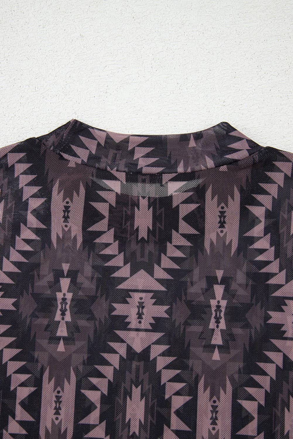 Brown Aztec Print Mock Neck Short Sleeve Mesh T Shirt