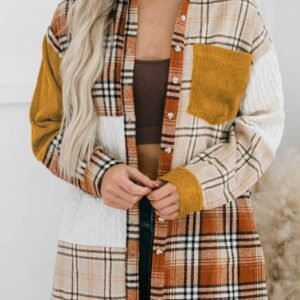 Orange Plaid Color Block Patchwork Shirt Jacket With Pocket