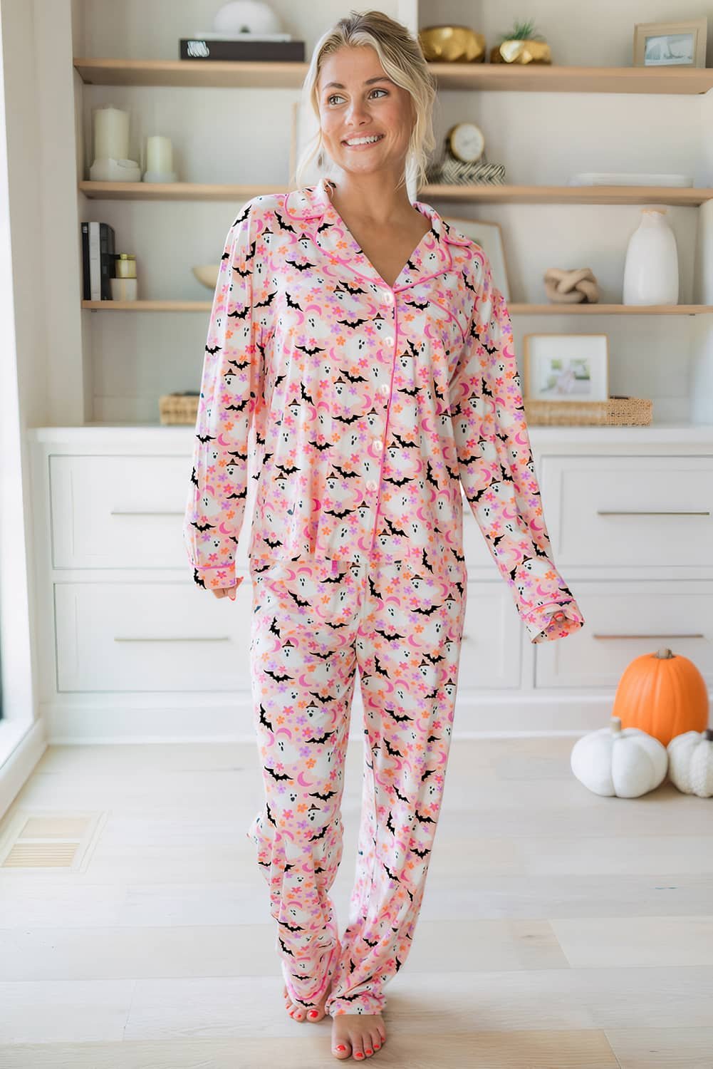 Pink Halloween Eve Haunted Honey Bat Print Pajama Set