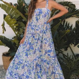Sky Blue Floral Print Self-Tie Straps Flowy Ruffle Long Dress