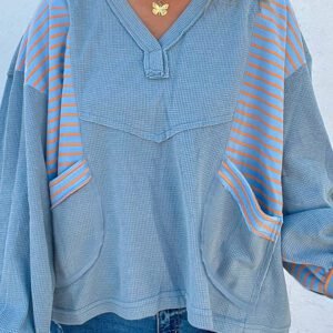 Dusk Blue Exposed Seam Waffle Striped Patchwork Baggy Pullover