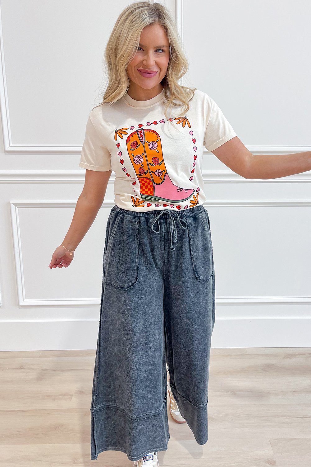 White Floral Cowgirl Boots Printed Casual T Shirt