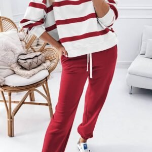 Red Stripe Drop Shoulder Pullover And Jogger Pants Set