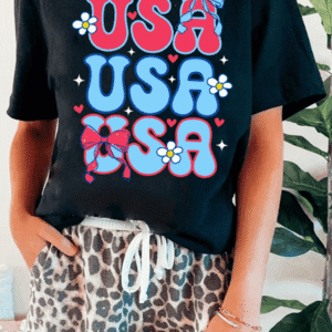 Black July 4Th Cute Flower Bow Usa Letter Graphic Tee