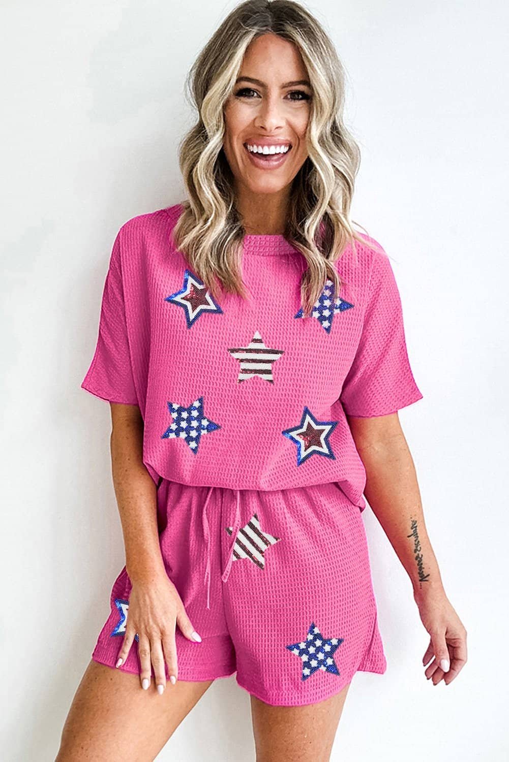 Rose Red Waffle Sequin American Flag Star Graphic 2 Piece Shorts Set