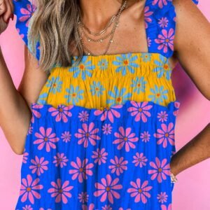 Blue Floral Colorblock Flutter Straps Flowy Tank Top