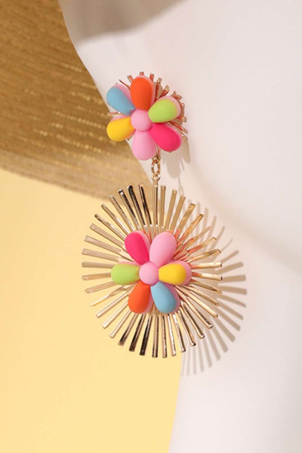 Red Colorful Flower Gold-Pleated Dangle Earrings