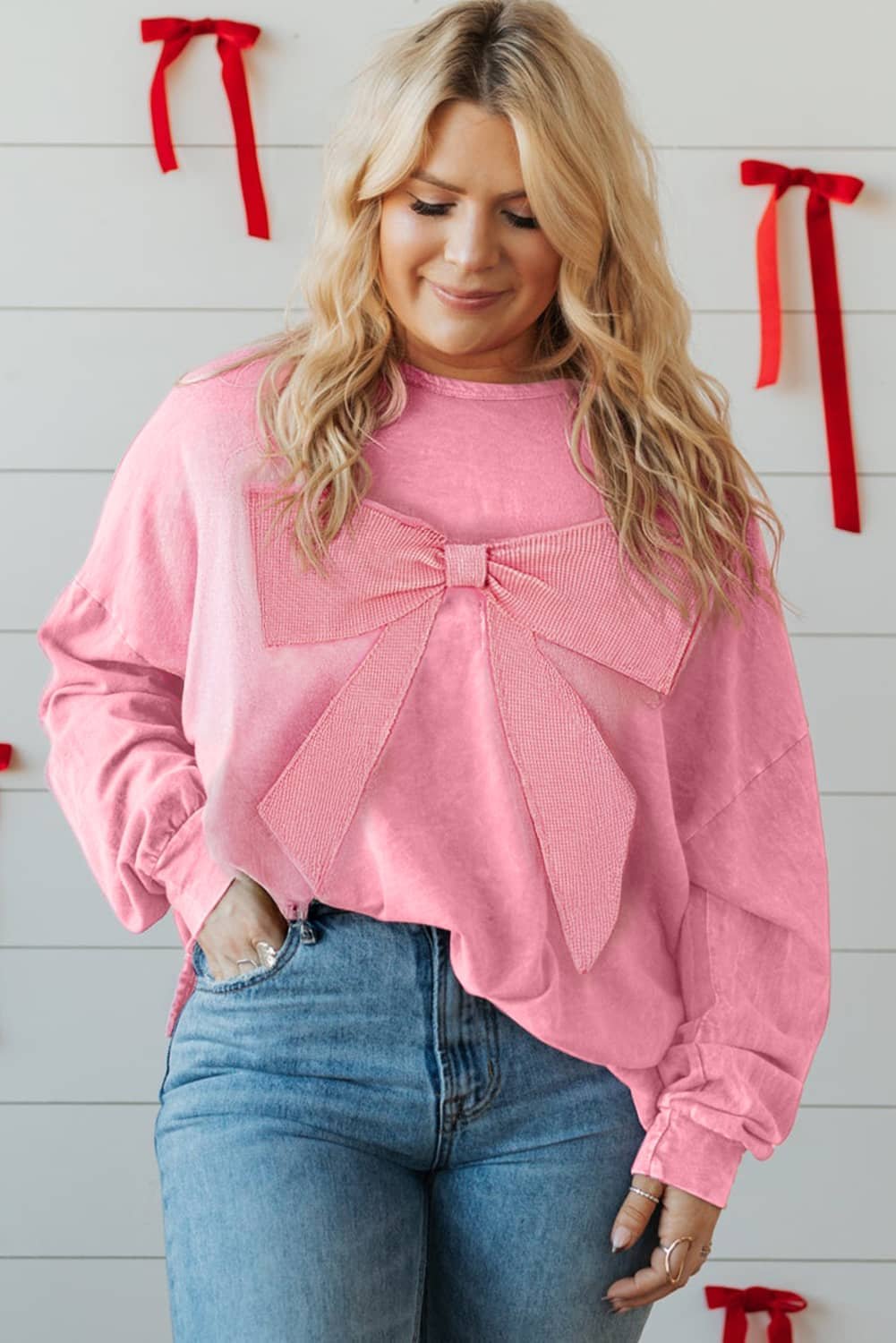 Bonbon Waffle Bowknot Patchwork Graphic Mineral Wash Plus Size Sweatshirt