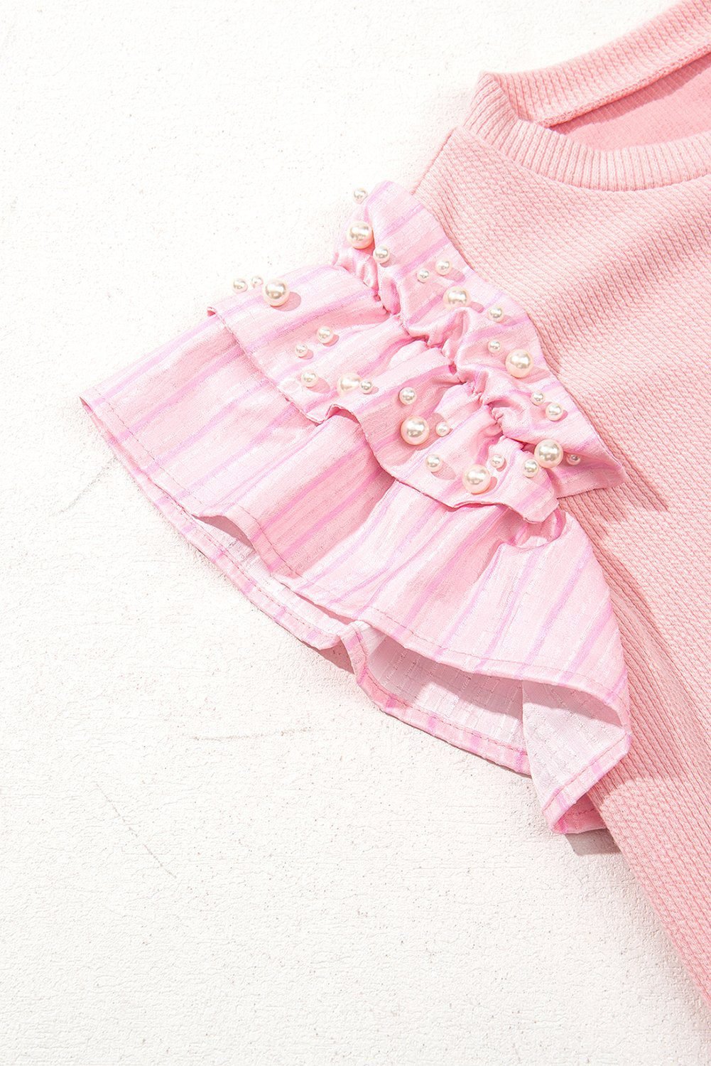 Light Pink Pearl Beaded Ruffle Short Sleeve Patchwork Ribbed Blouse