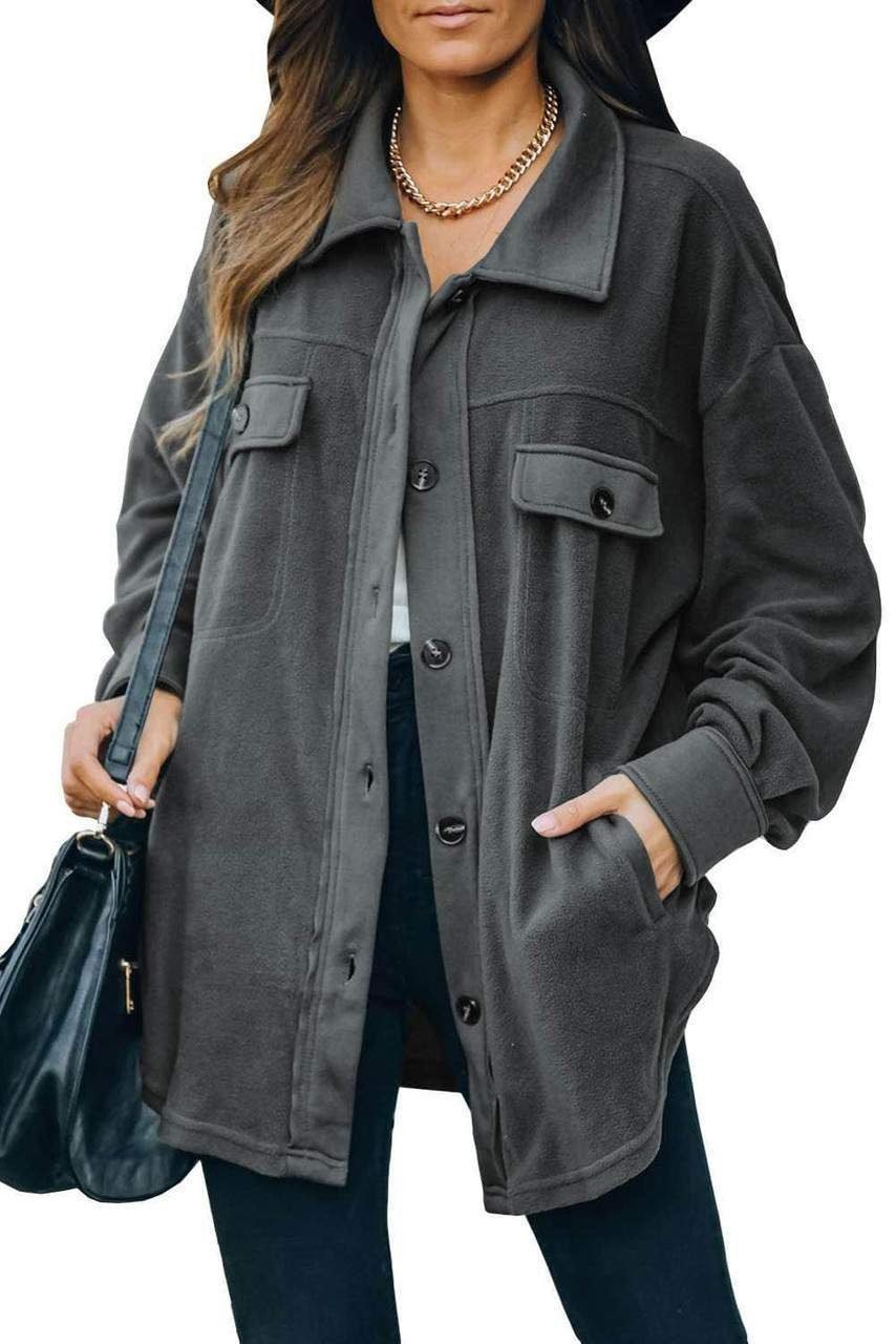 Gray Turn Down Collar Buttoned Shirt Jacket