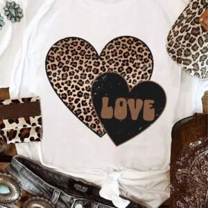 White Leopard Love Double Heart Printed Valentines Graphic Tee