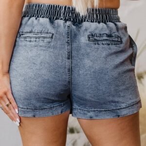 Dusk Blue Drawstring High Waist Pocketed Denim Shorts