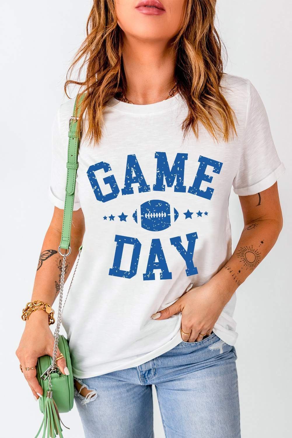 White Game Day Rugby Football Graphic Crewneck T Shirt