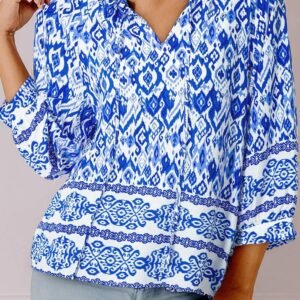 Blue Boho Printed 3/4 Sleeve Tied Neck Blouse
