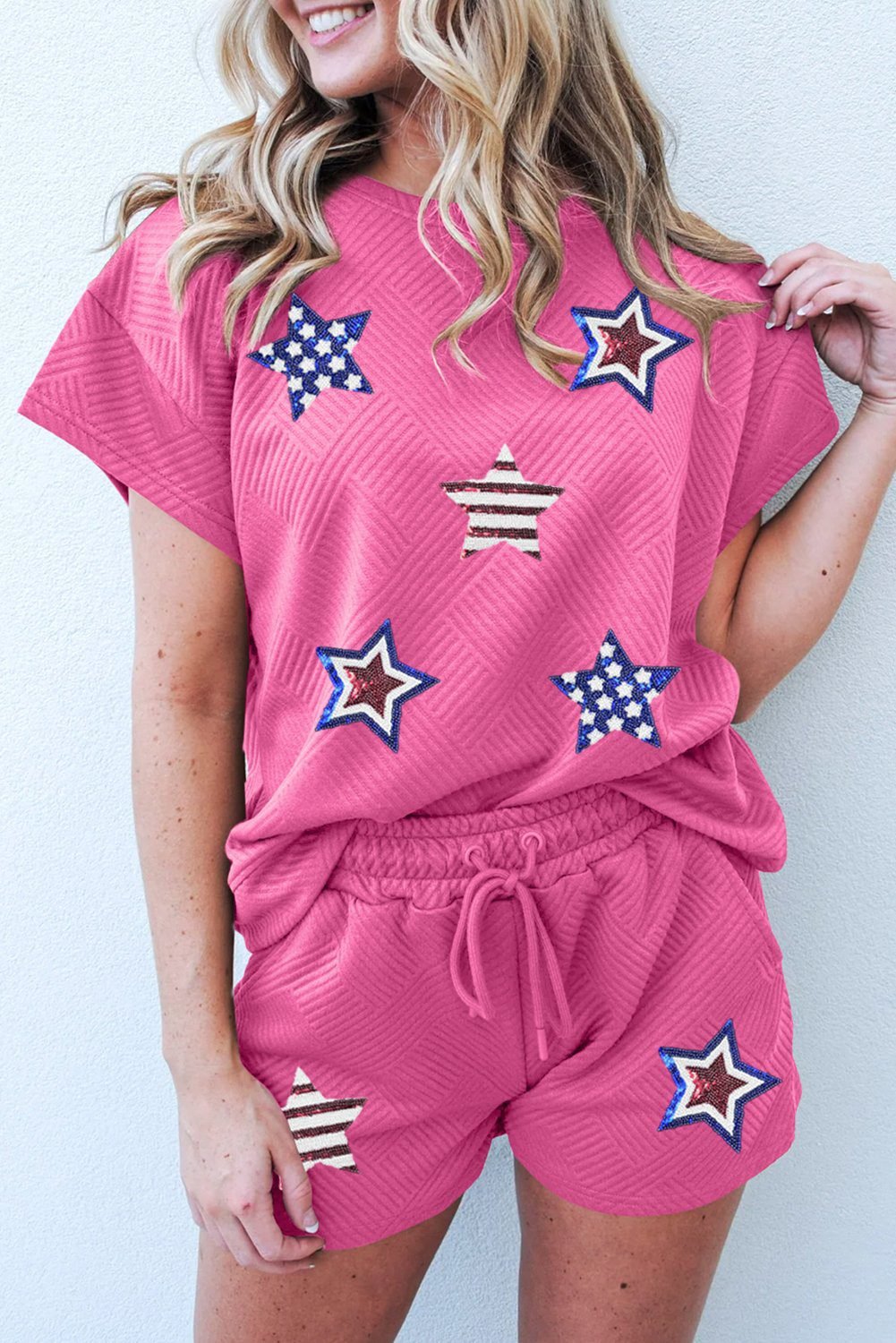 Strawberry Pink Solid Color Textured Sequined American Star Patched Short 2Pcs Outfit