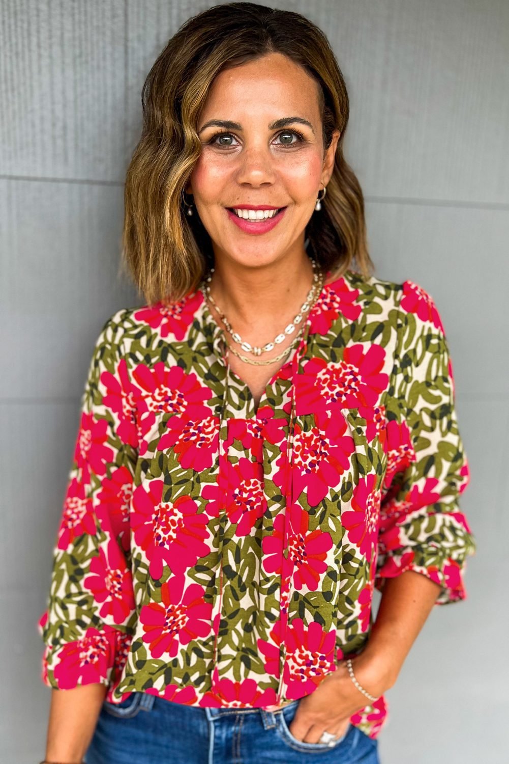 Red Floral Print Lace Up V Neck Flounce Sleeve Blouse
