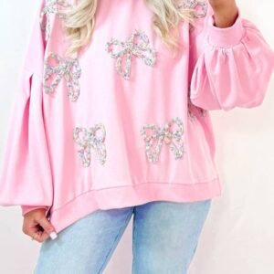 Light Pink Embroidered Bow Lantern Sleeve Oversized Pullover Sweatshirt