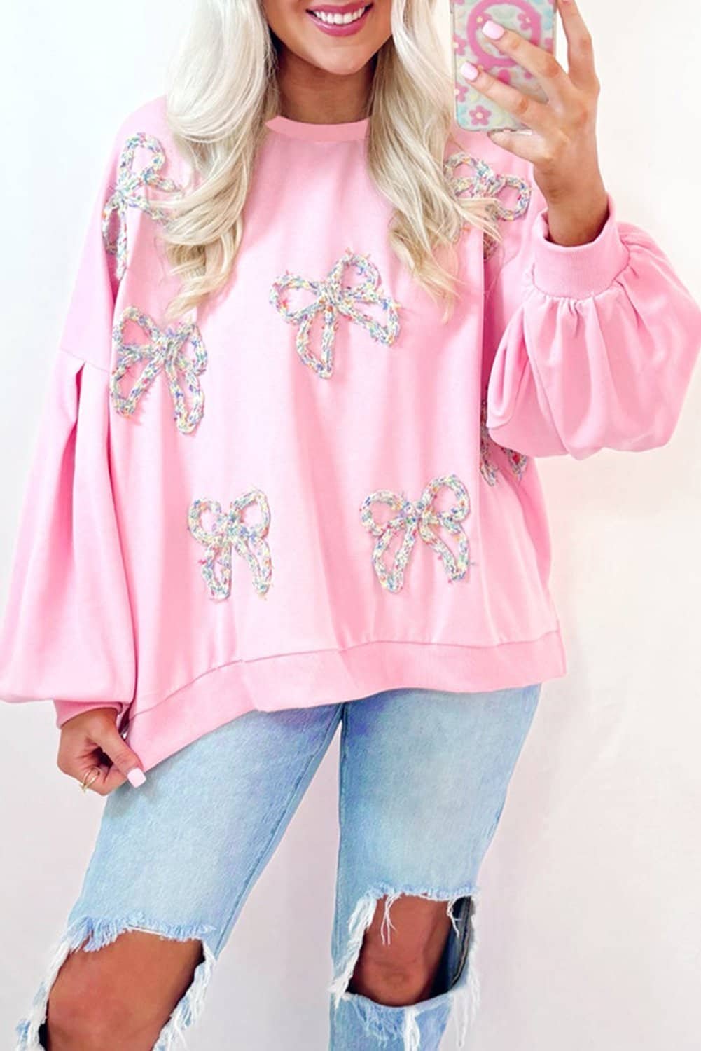Light Pink Embroidered Bow Lantern Sleeve Oversized Pullover Sweatshirt
