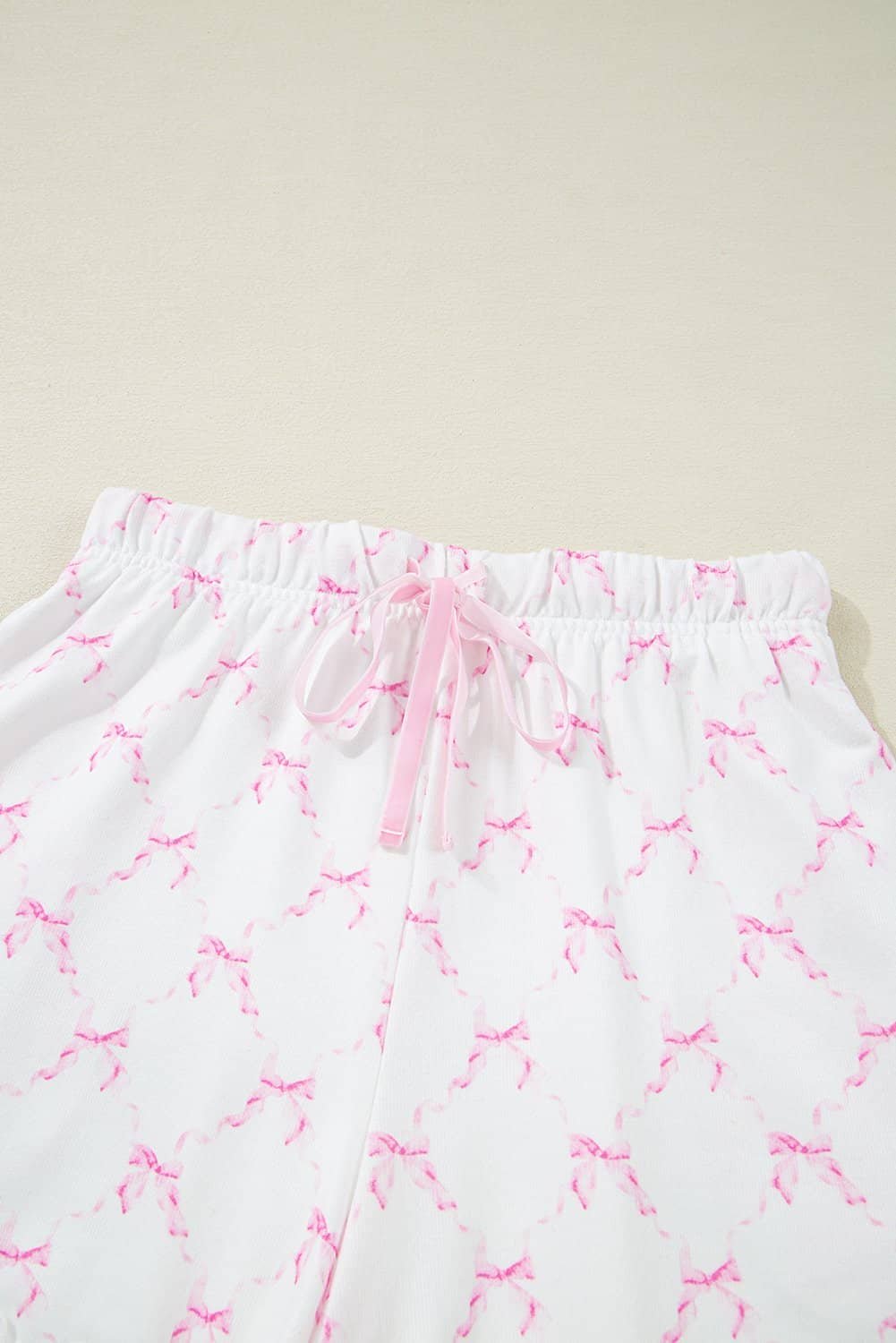 Pink Bow Knot Geometric Print Lettuce Trim Two Piece Lounge Set