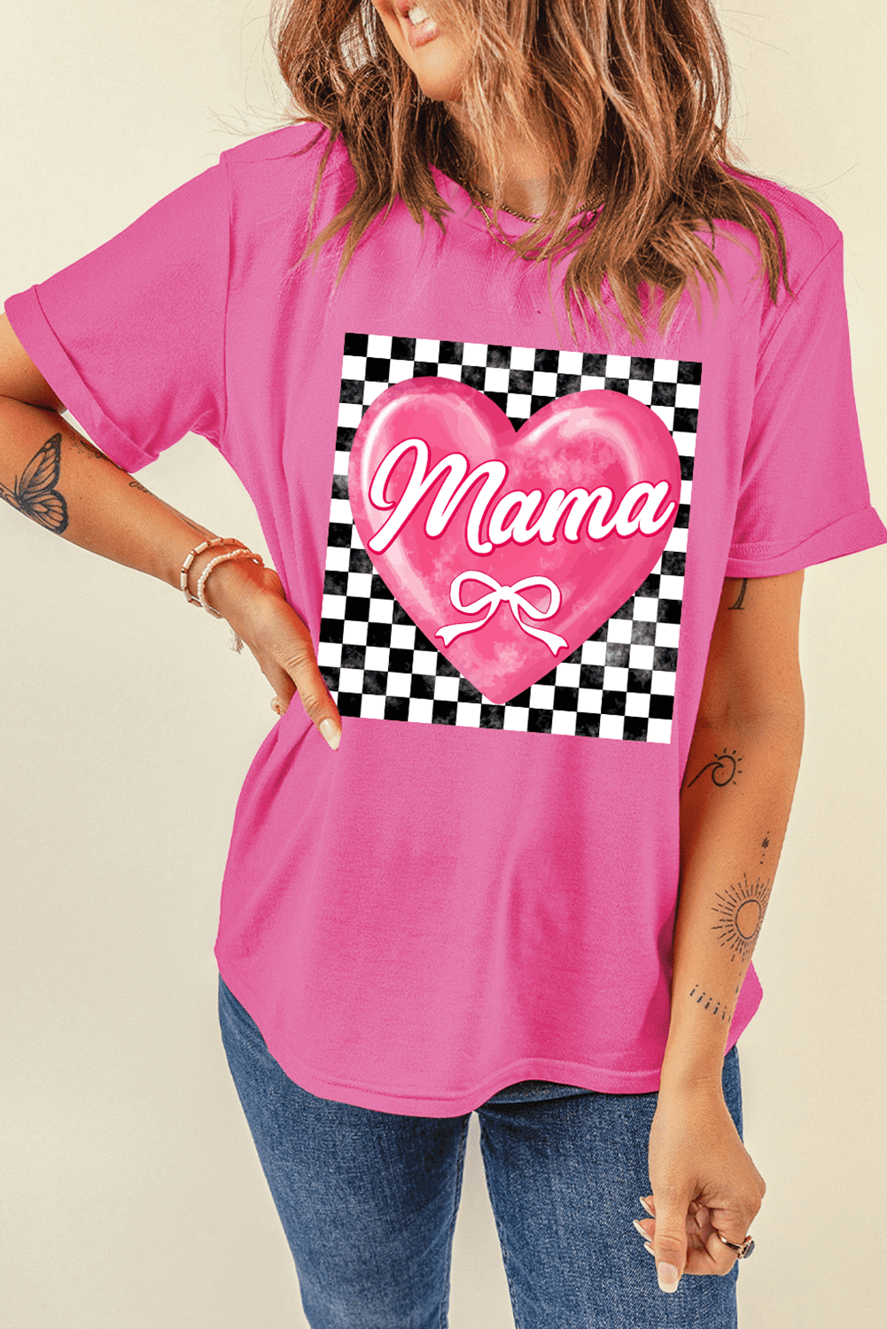 Sachet Pink Checkered Heart Pattern Mama Bow Graphic Tee