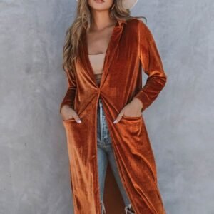 Brown Retro Velvet Long Sleeve Pocket Coat